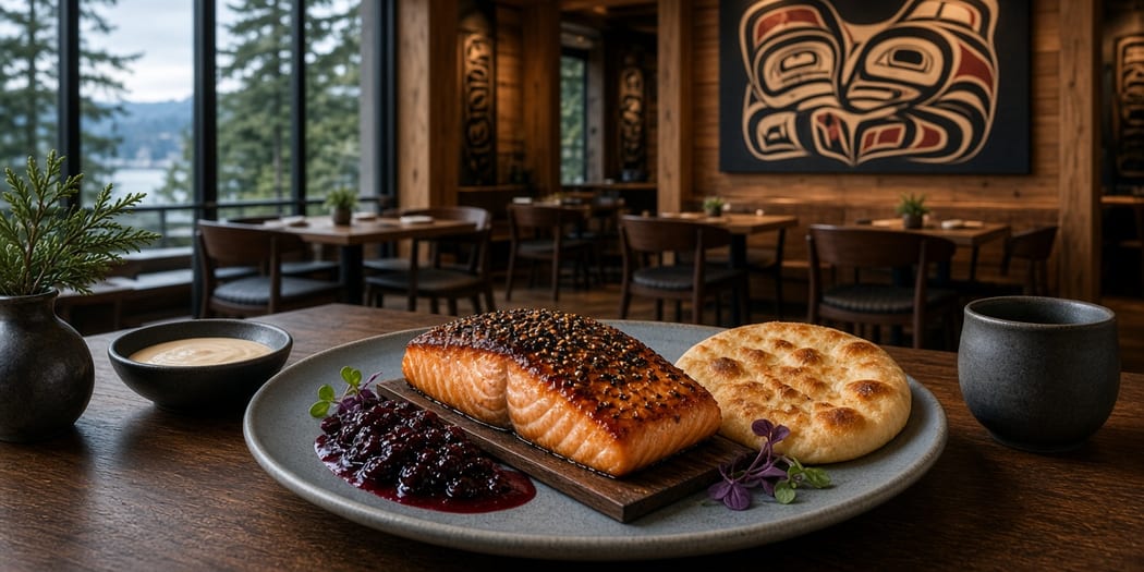 Beautifully plated West Coast dishes on a candlelit restaurant table