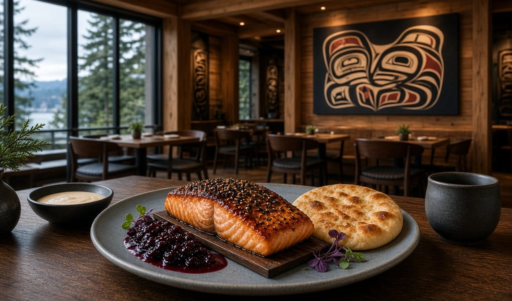Beautifully plated West Coast dishes on a candlelit restaurant table