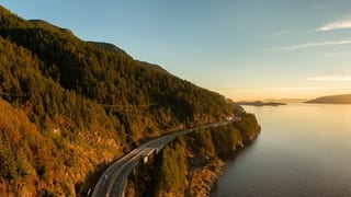 The Sea to Sky Highway along Howe Sound at sunset