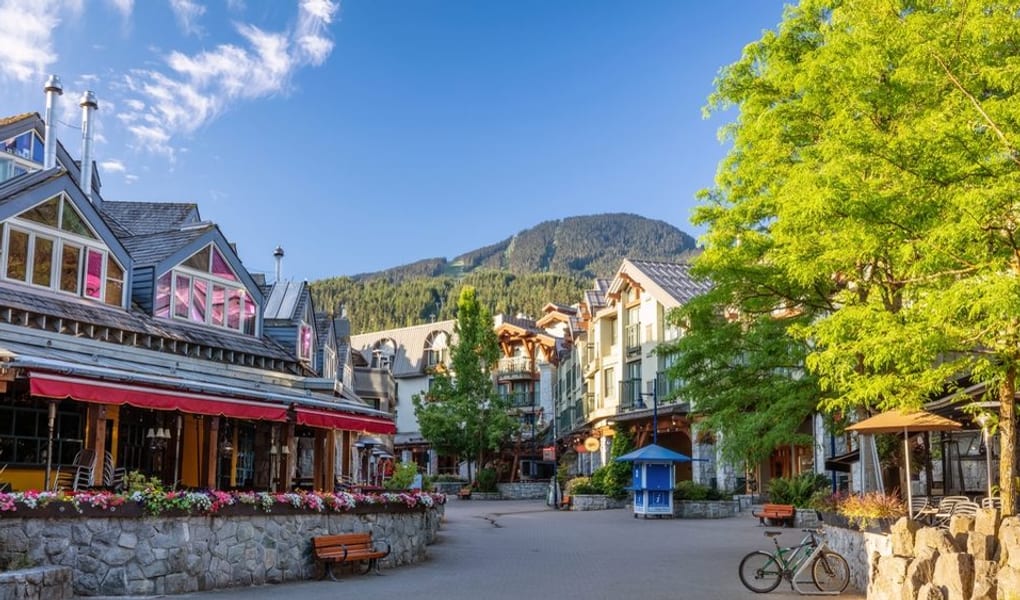 Whistler Village pedestrian plaza with Blackcomb mountain beyond
