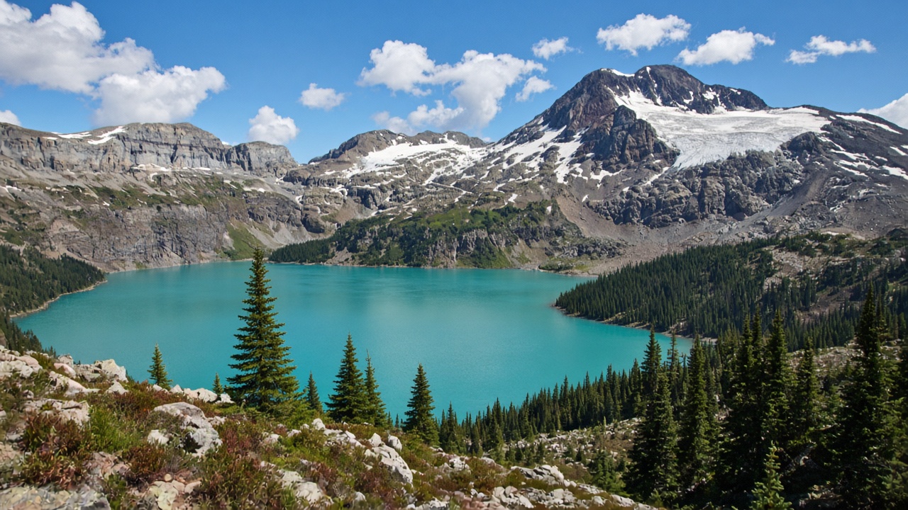 Sharp alpine peaks above a valley