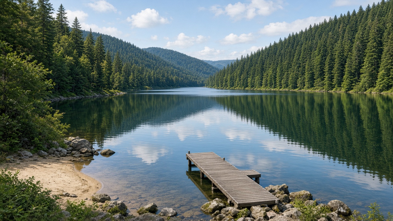 Forest reservoir and swimming beach at Hayward Lake