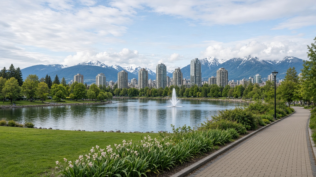 City lake with fountain and park