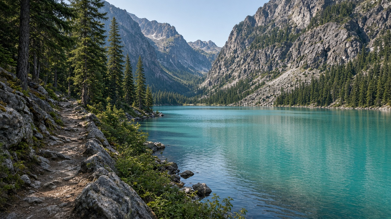 Alpine-coloured lake in forest mountains