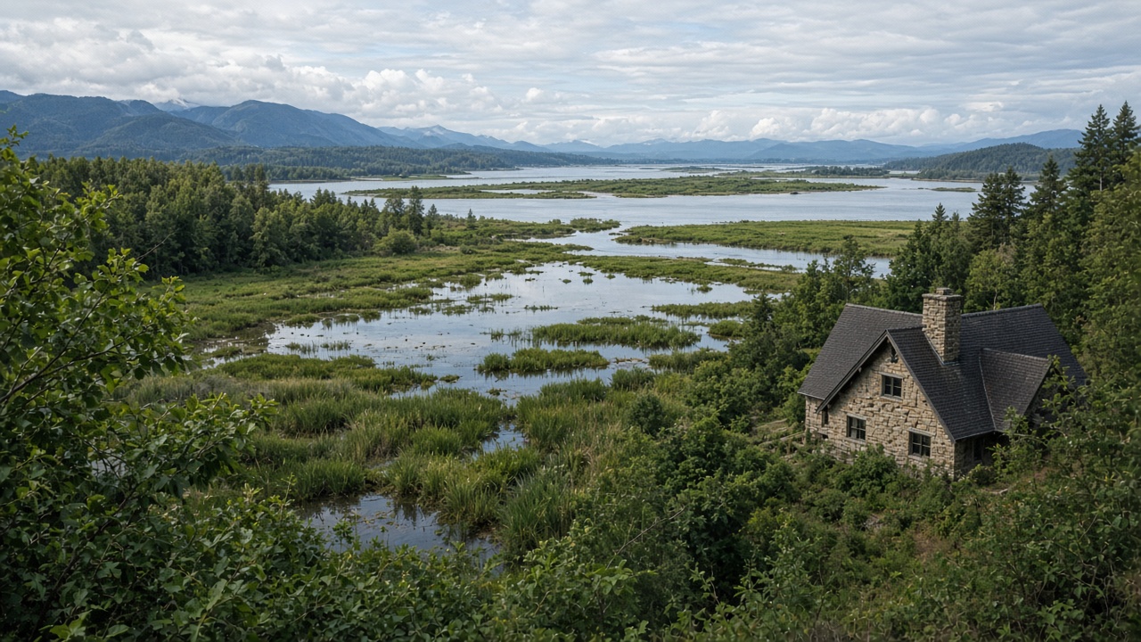 Green marsh and meadow under a wide sky