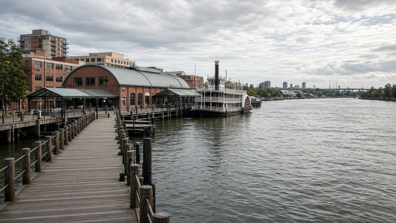 Riverfront boardwalk and city water