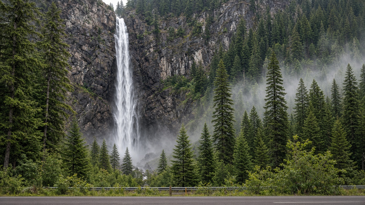 Waterfall in a forested canyon