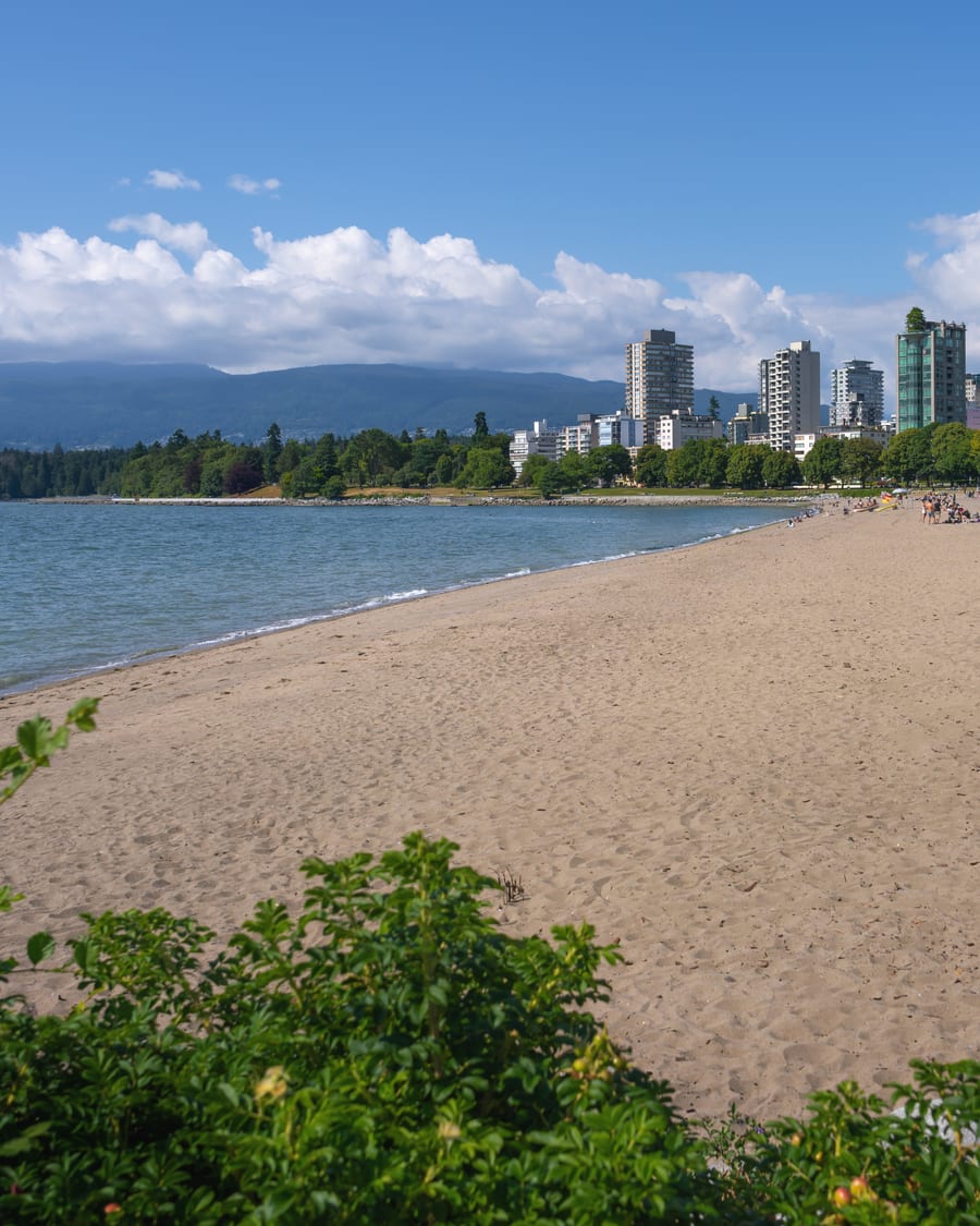 English Bay and the West End skyline at sunset from the air