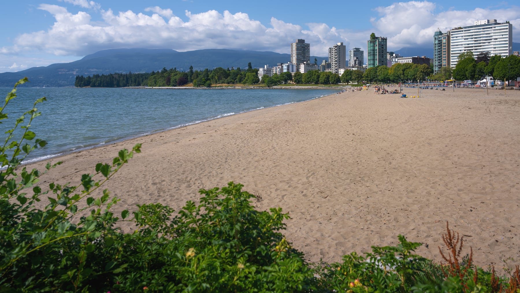 English Bay and the West End skyline at sunset from the air