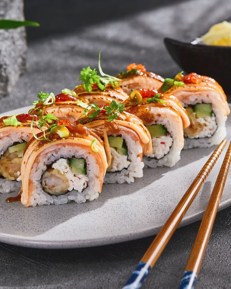 Sushi on a dark plate