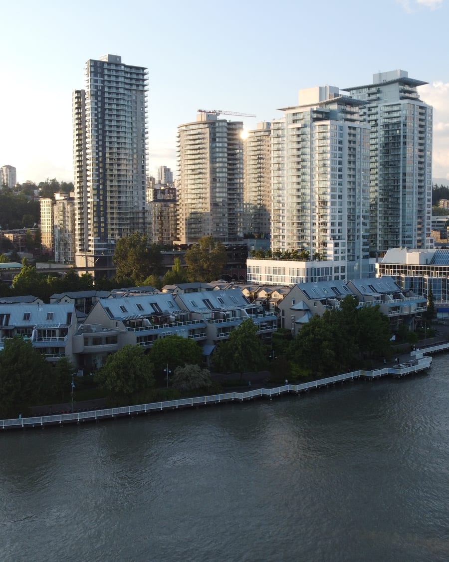Riverfront boardwalk and city water