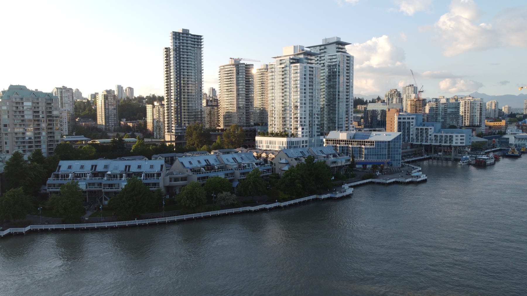 Riverfront boardwalk and city water