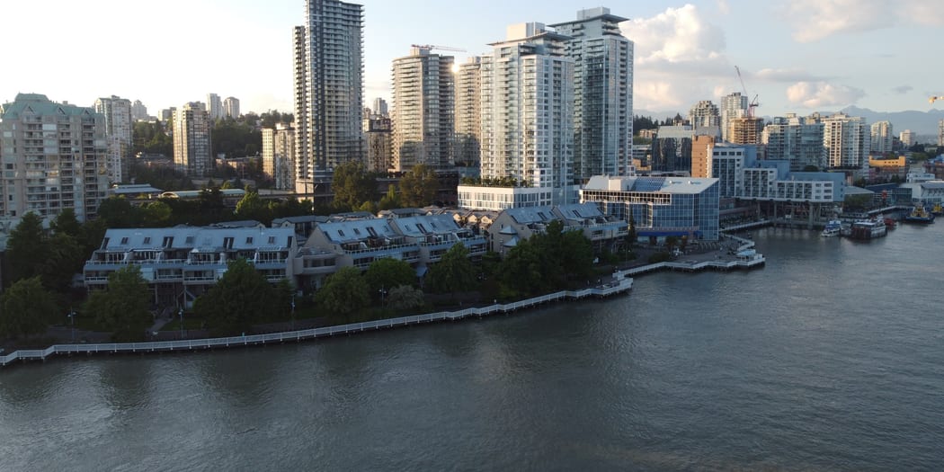 Riverfront boardwalk and city water
