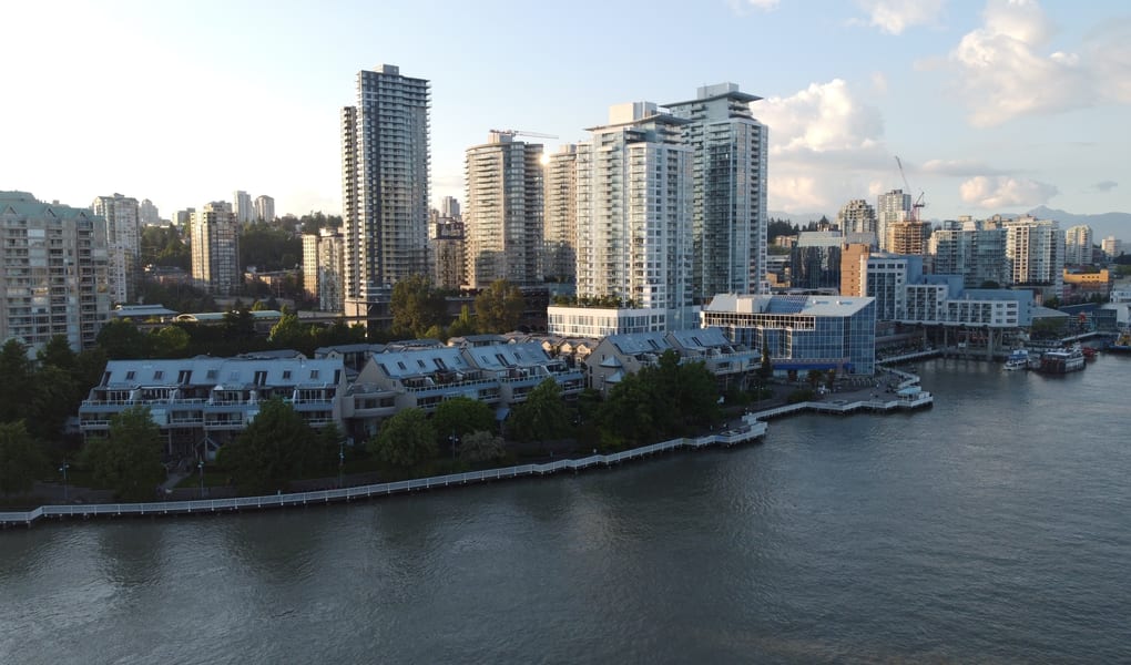 Riverfront boardwalk and city water