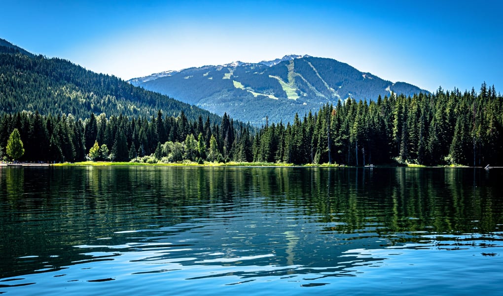 Forest lake with mountain backdrop